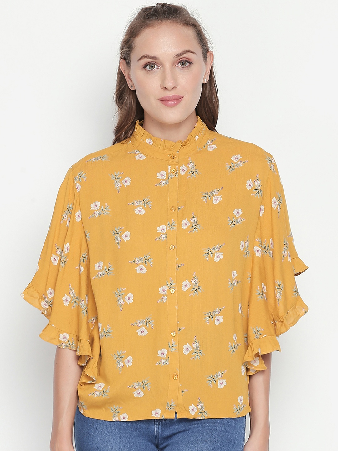 

Honey by Pantaloons Women Mustard Yellow Printed Shirt Style Top
