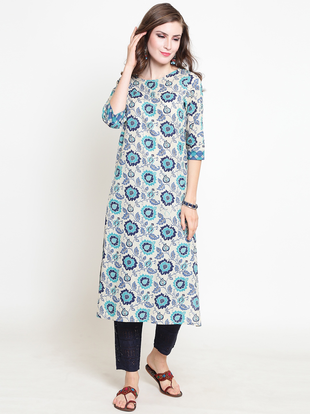 Sera Women Off-White & Blue Printed Kurta with Palazzos