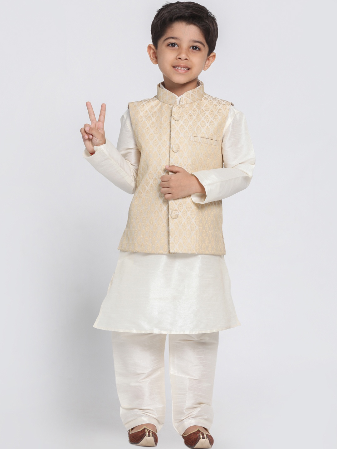 

VASTRAMAY Boys Cream-Coloured Self Design Kurta with Churidar & Jacket