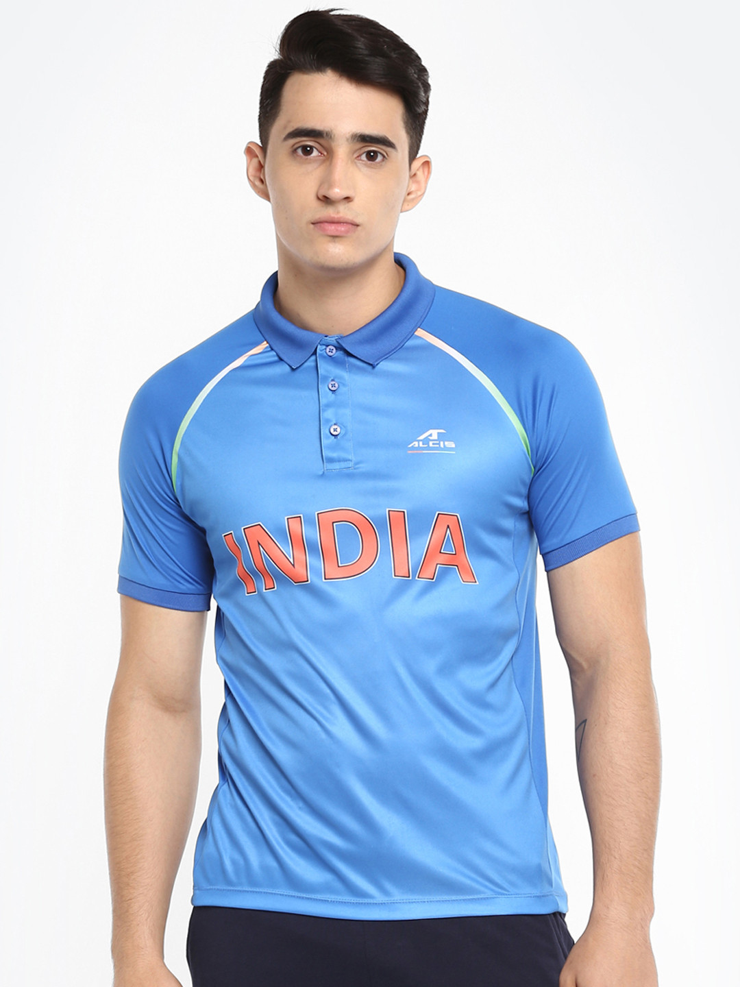 

Alcis Men Blue India Print Polo Collar Cricket Jersey
