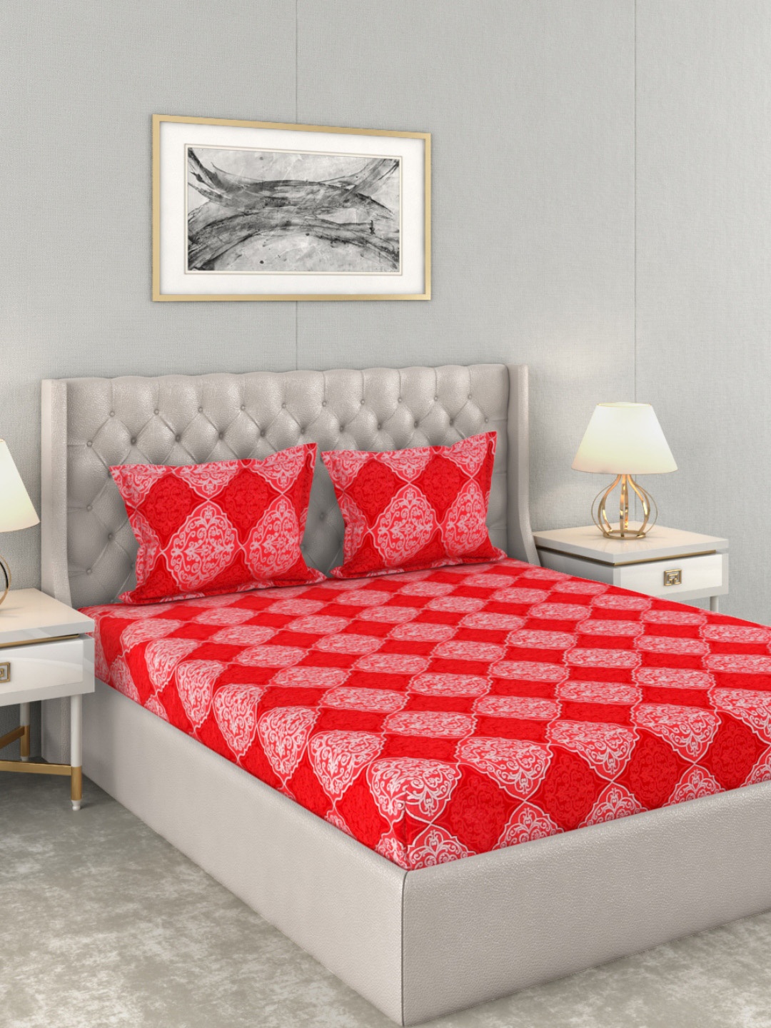 

ROMEE Red Ethnic Motifs TC Cotton Bedsheet with 2 Pillow Covers