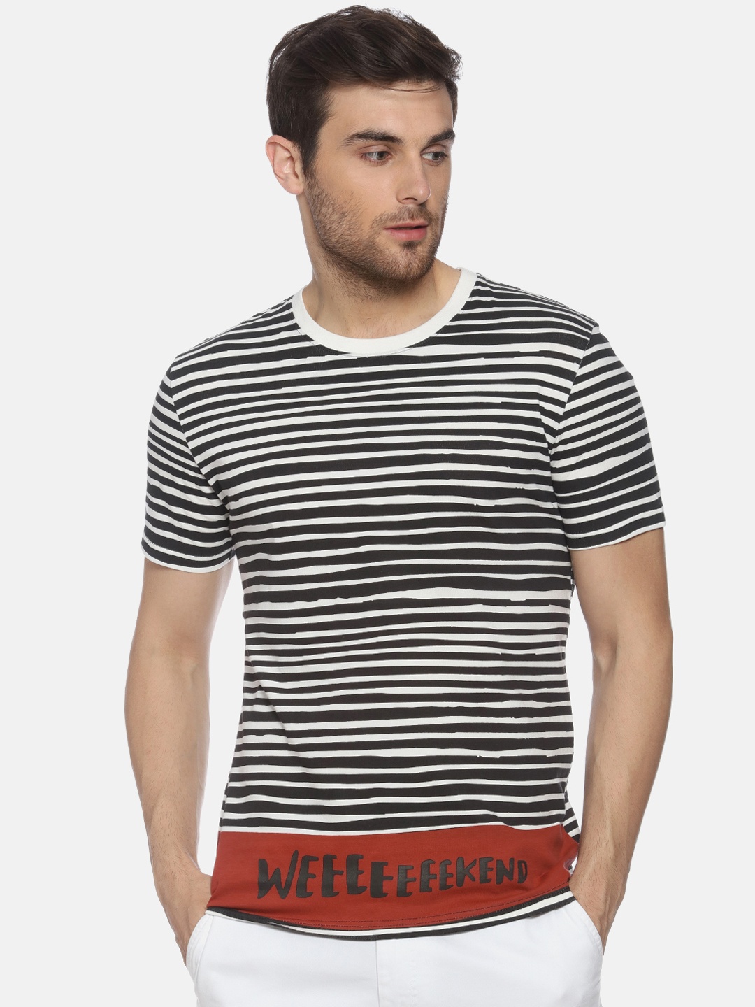 

YAK YAK Men White Black Striped Round Neck Pure Cotton T-shirt