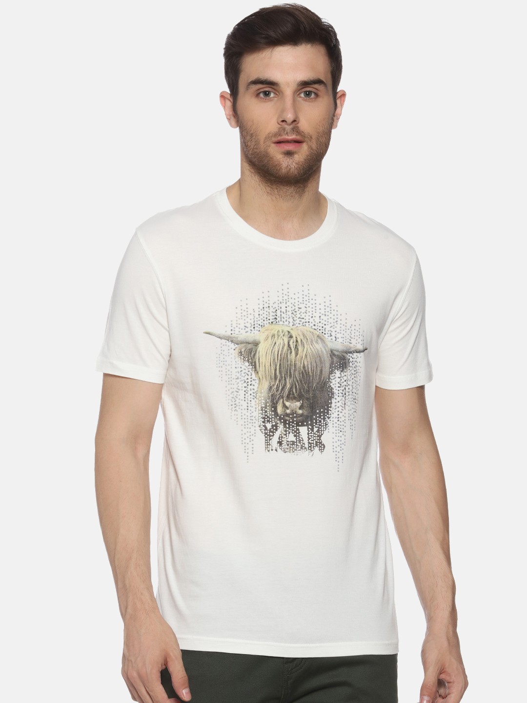

YAK YAK Men White Printed Round Neck Pure Cotton T-shirt