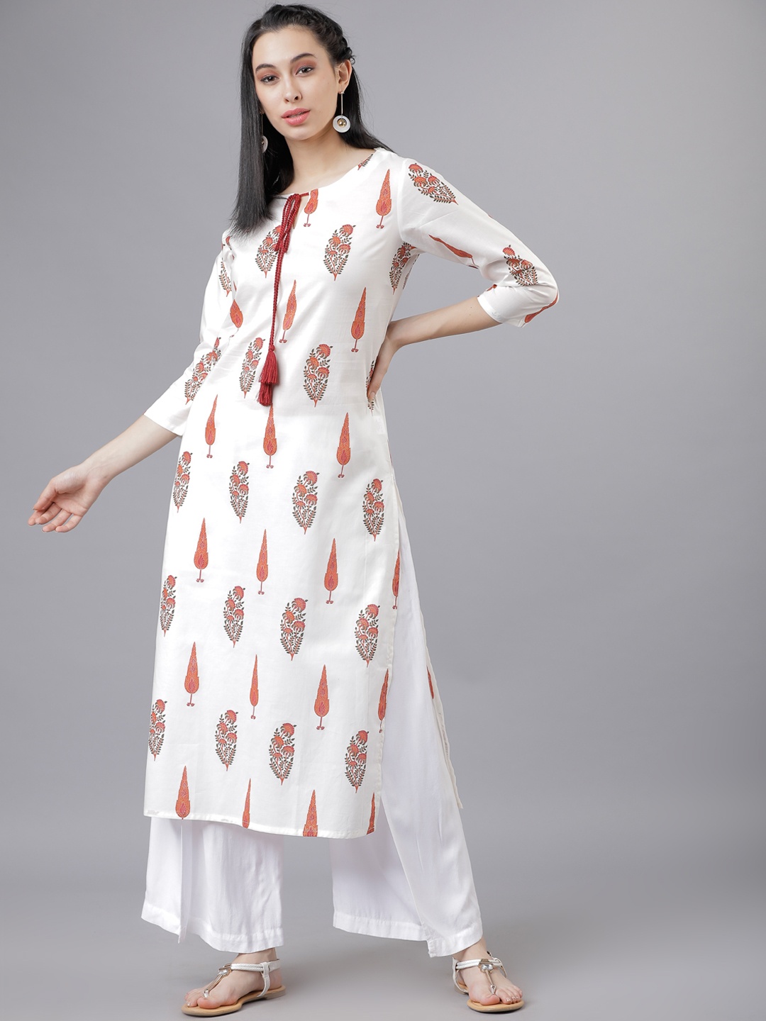 

Vishudh Women White & Rust Red Printed Straight Kurta