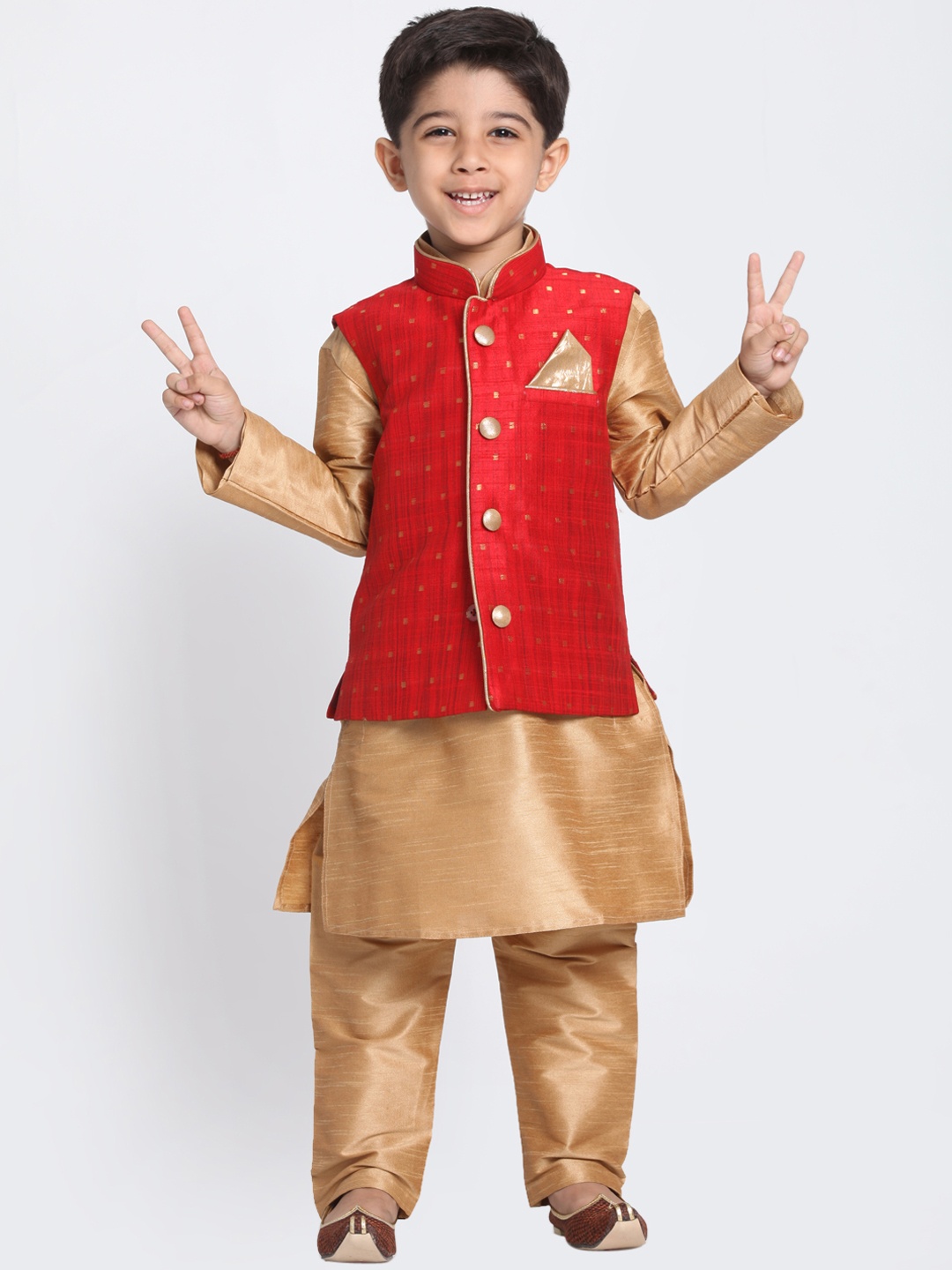 

VASTRAMAY Boys Gold-Coloured & Maroon Solid Kurta with Churidar & Jacket