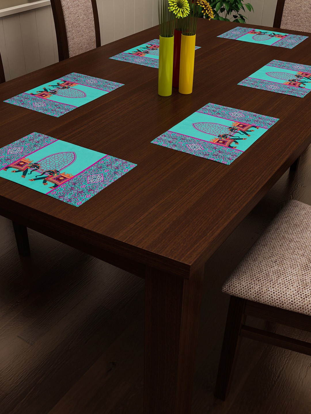 

SEJ by Nisha Gupta Set of 6 Green & Pink Printed Table Placemats
