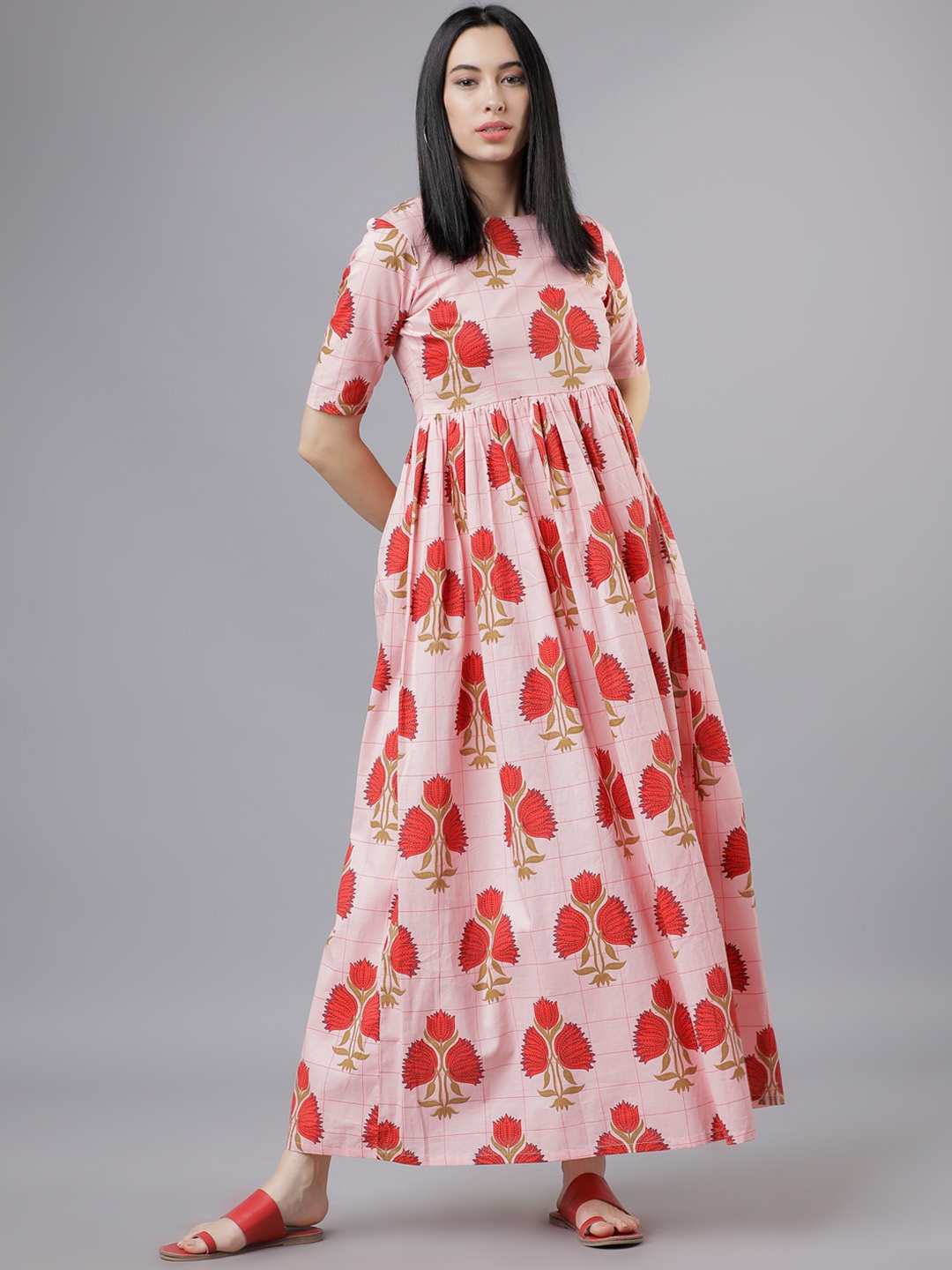 

Vishudh Women Pink & Red Floral Print Maxi Dress
