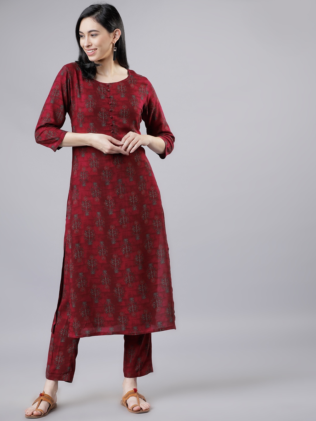 Vishudh Women Maroon Printed Kurta with Palazzos