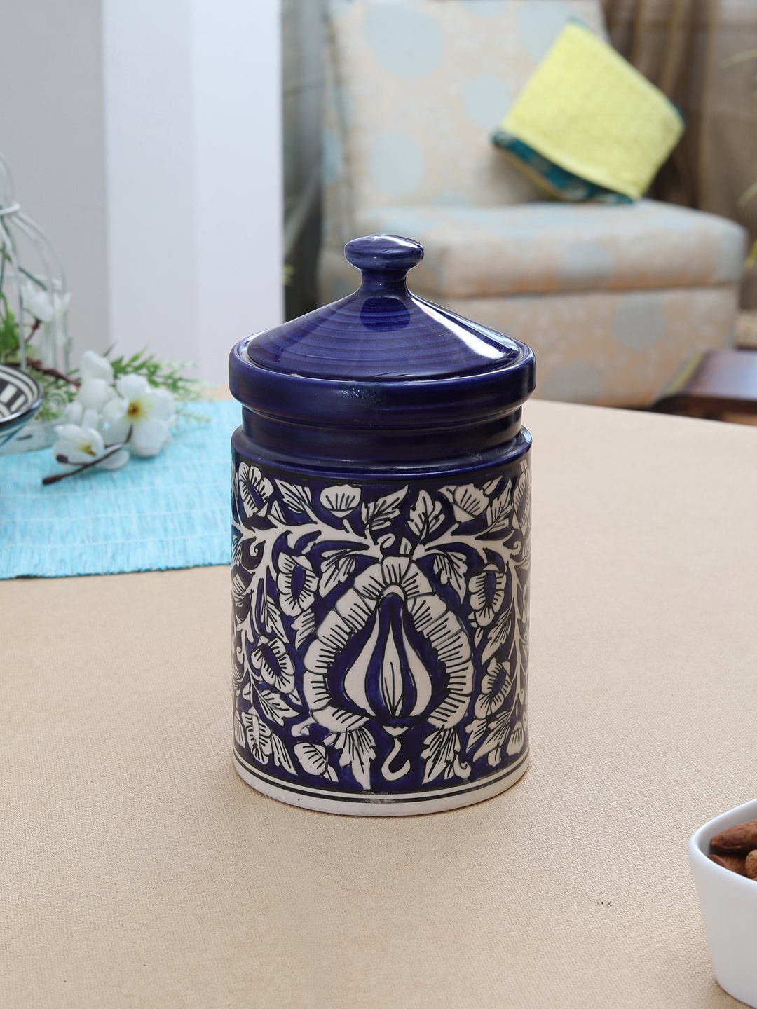 MIAH Decor Blue & Beige Handpainted Mughal Art Large Storage Jar