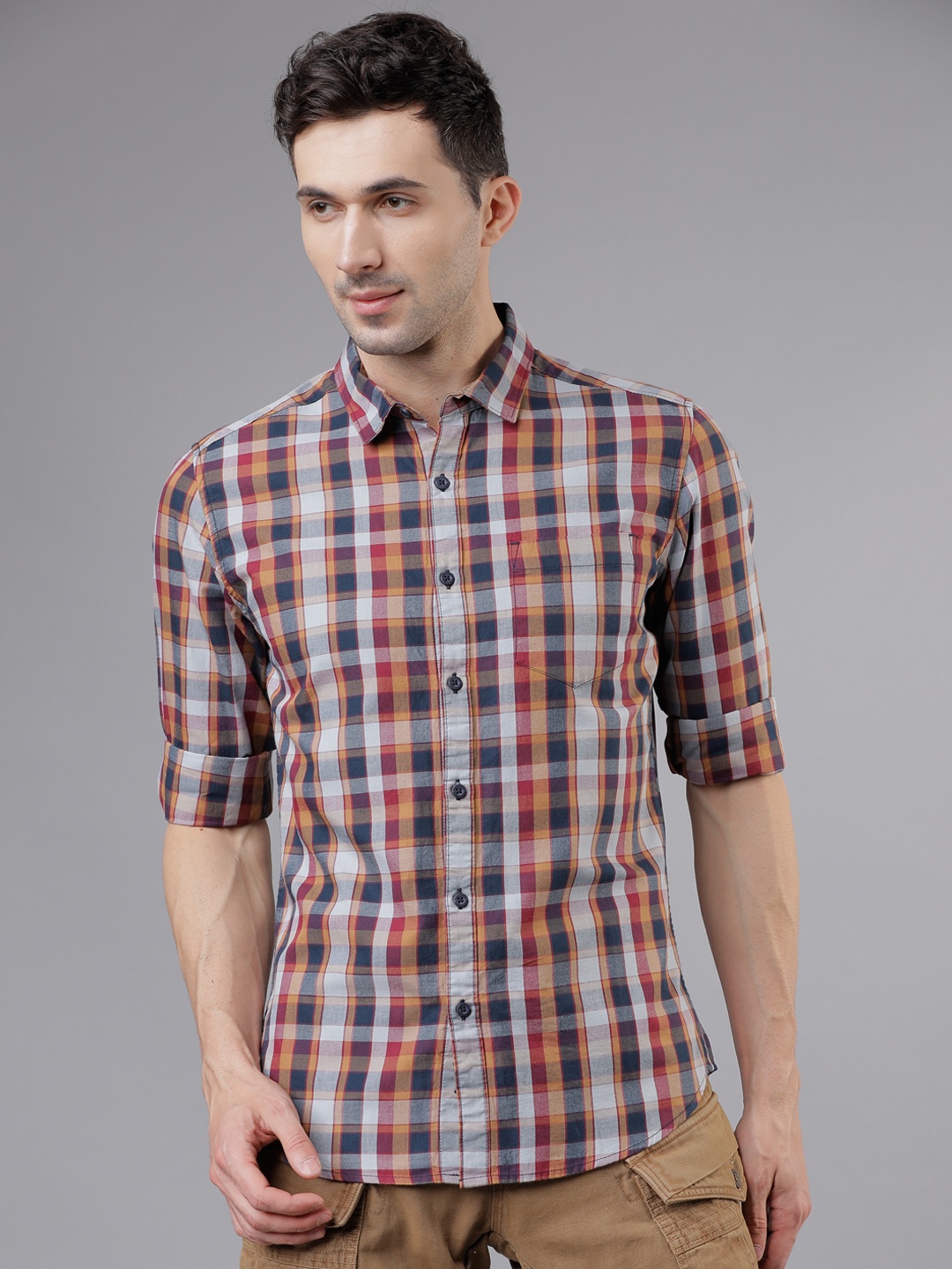 

HIGHLANDER Men Navy Blue & Maroon Slim Fit Checked Casual Shirt
