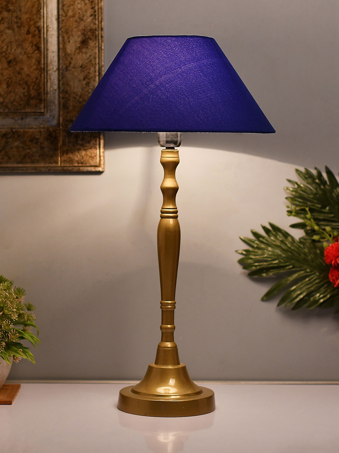 Homesake Gold-Toned & Navy Blue Solid Handcrafted Bedside Standard Lamp