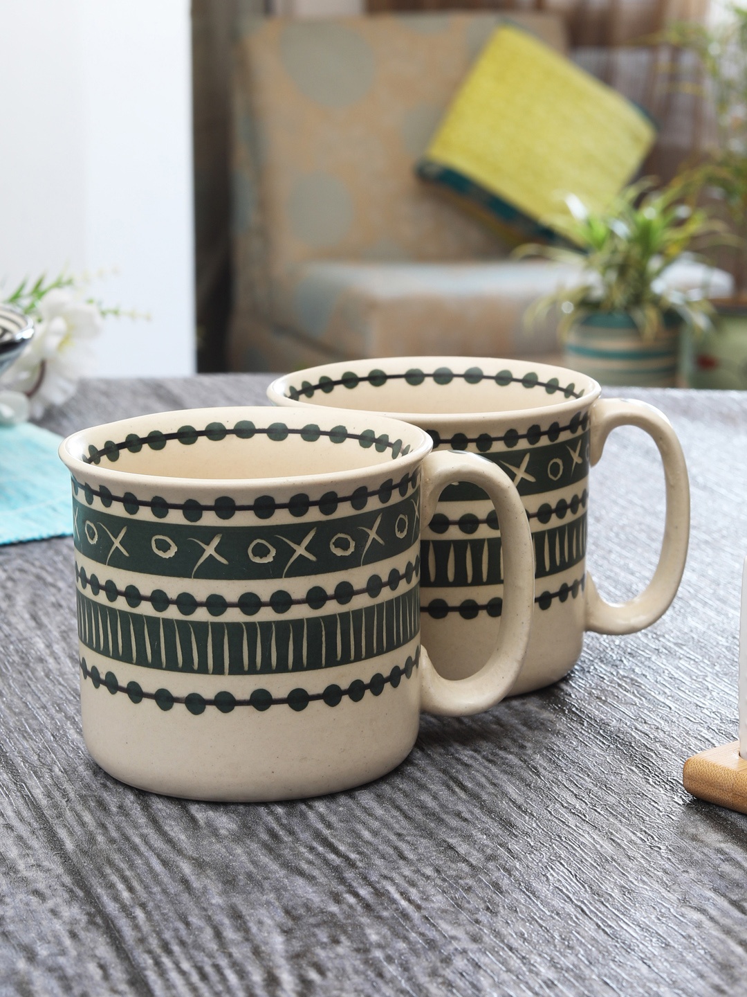 MIAH Decor Off-White & Green Set of 2 Handpainted Ceramic Coffee Mugs