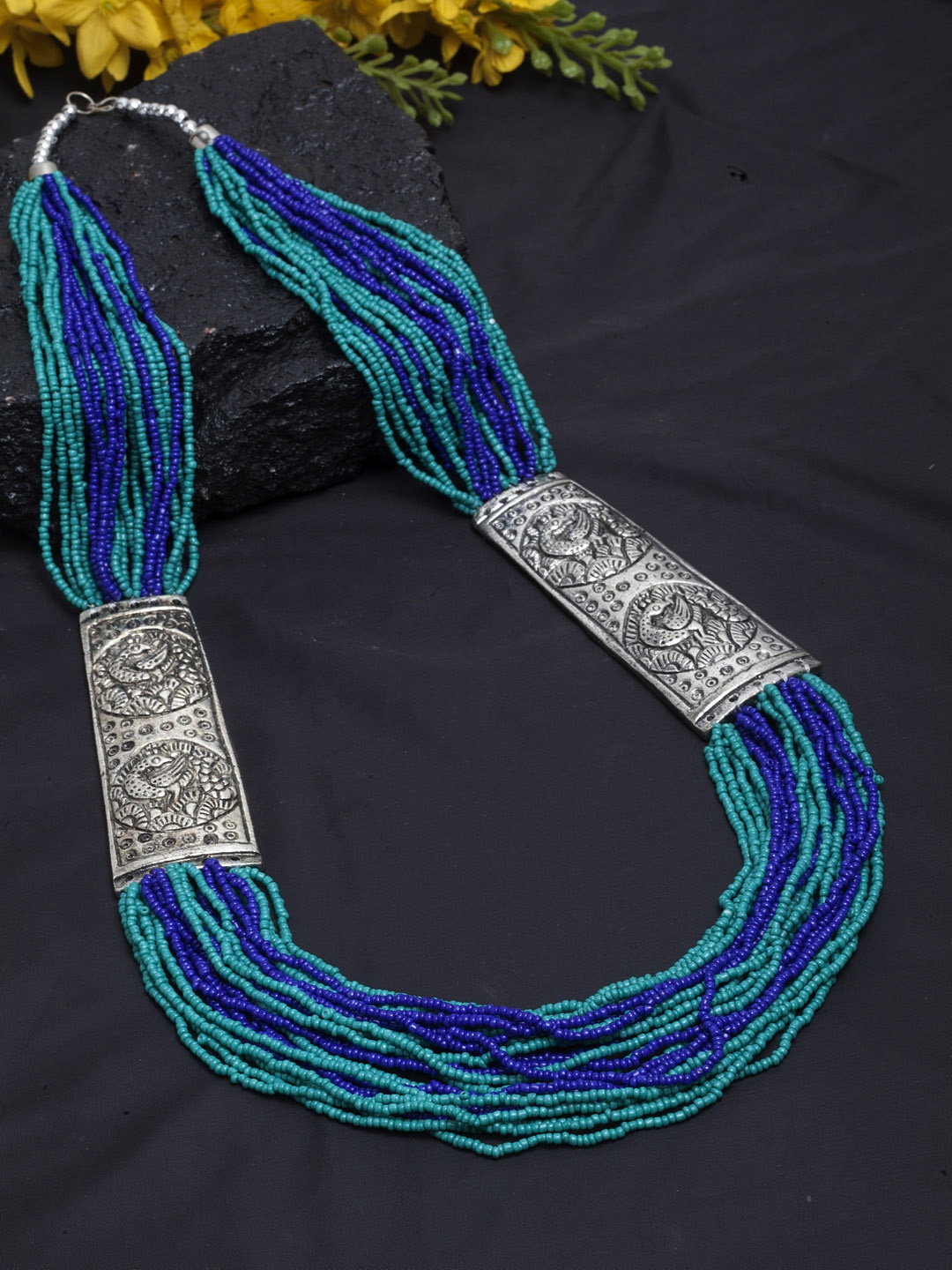 

Moedbuille Silver-Plated & Blue Multi Layered Afghan Design Oxidised Necklace