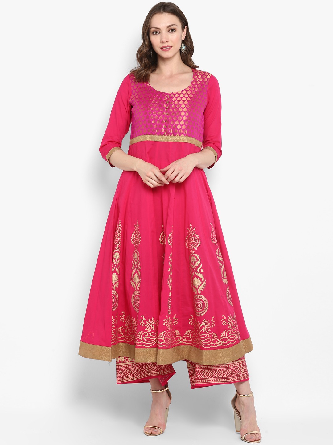 

MBE Women Magenta Block Print Woven Design Anarkali Kurta