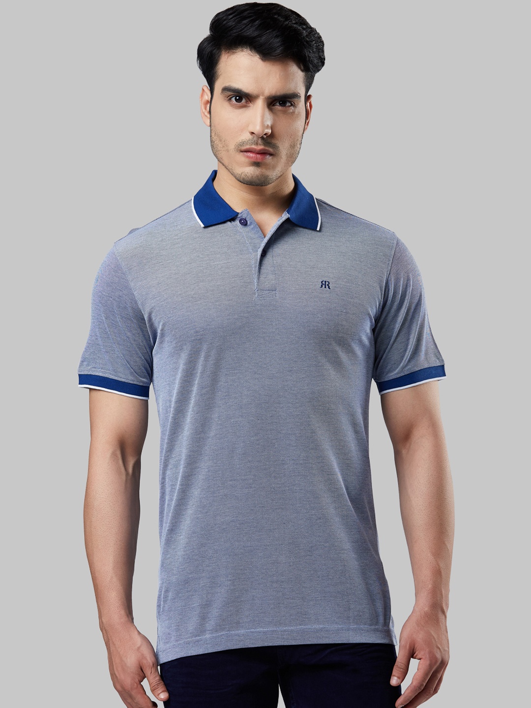 

Raymond Men Blue Solid Polo Collar T-shirt
