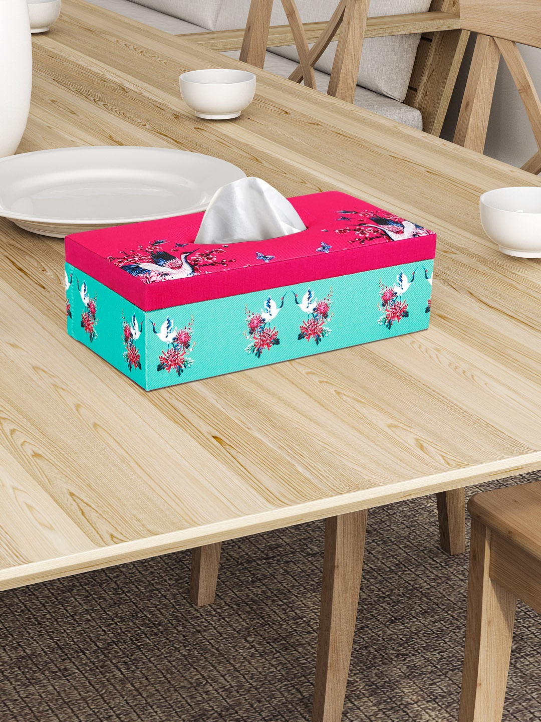 SEJ by Nisha Gupta Sea Green & Pink Printed Wooden Tissue Holder