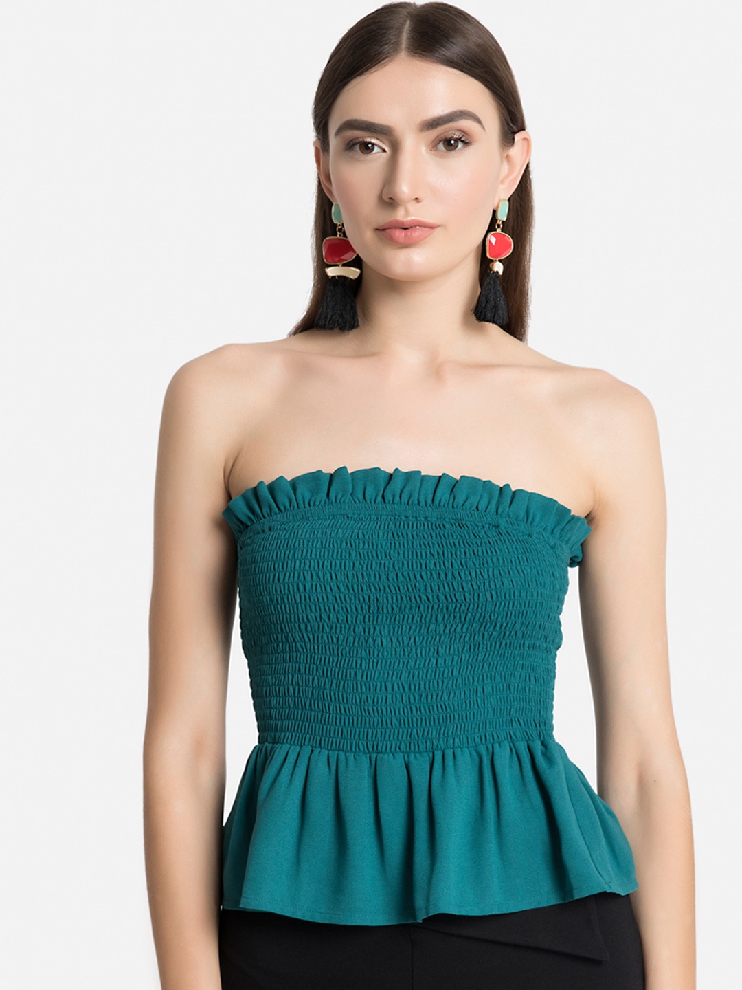 

Kazo Women Green Smocked Peplum Top