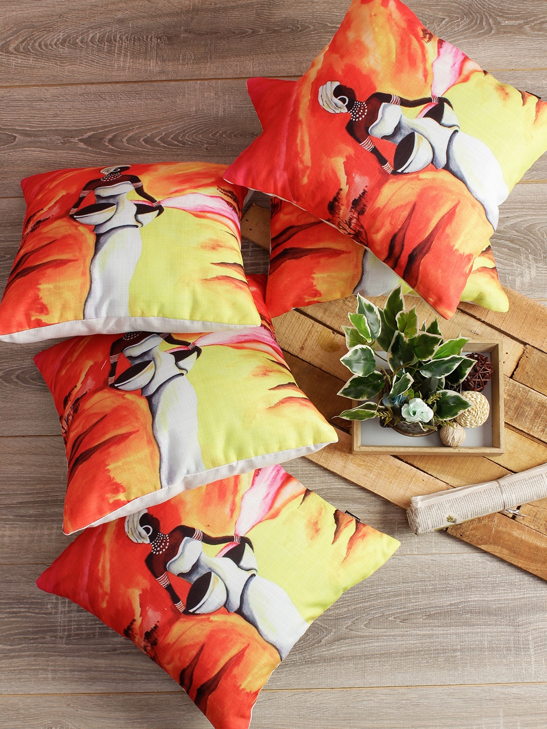 

Soumya Red & Yellow Set of 5 Ethnic Motifs Square Cushion Covers