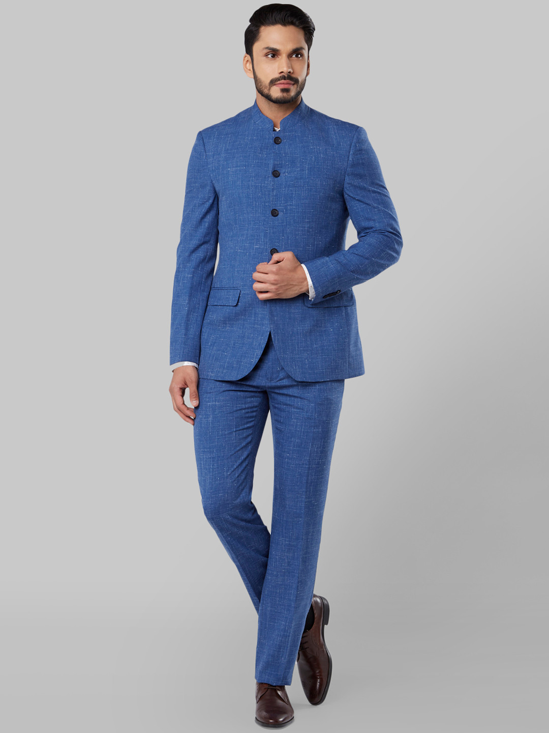 

Raymond Men Blue Self-Design Single-Breasted Bandhgala Suit