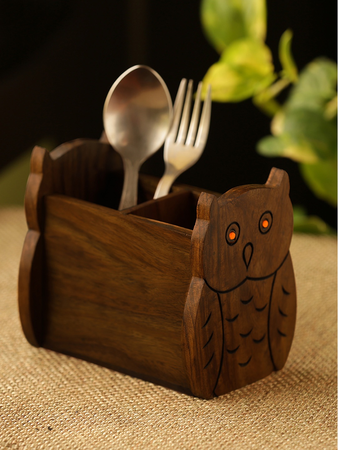 

ExclusiveLane Brown Wooden Handcrafted Owl Motif Cutlery Holder With 2 Partitions