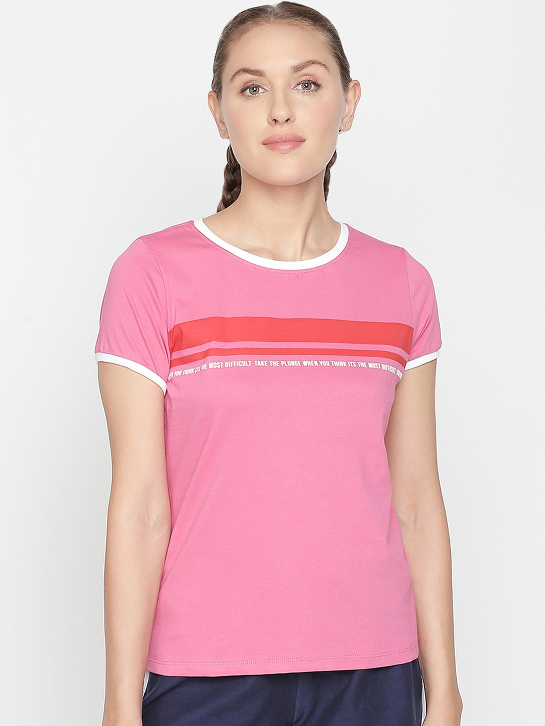 

Ajile by Pantaloons Women Pink Striped Round Neck Pure Cotton T-shirt