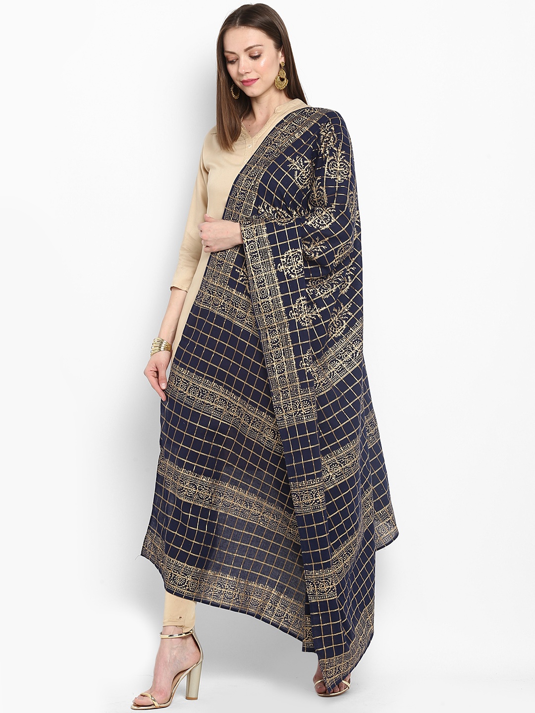 MBE Navy Blue & Gold-Toned Printed Dupatta