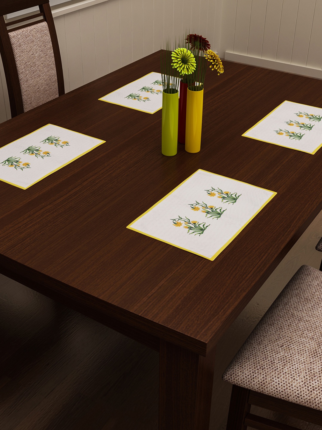 

SEJ by Nisha Gupta Set of 4 Mustard & Green Printed Table Placemats