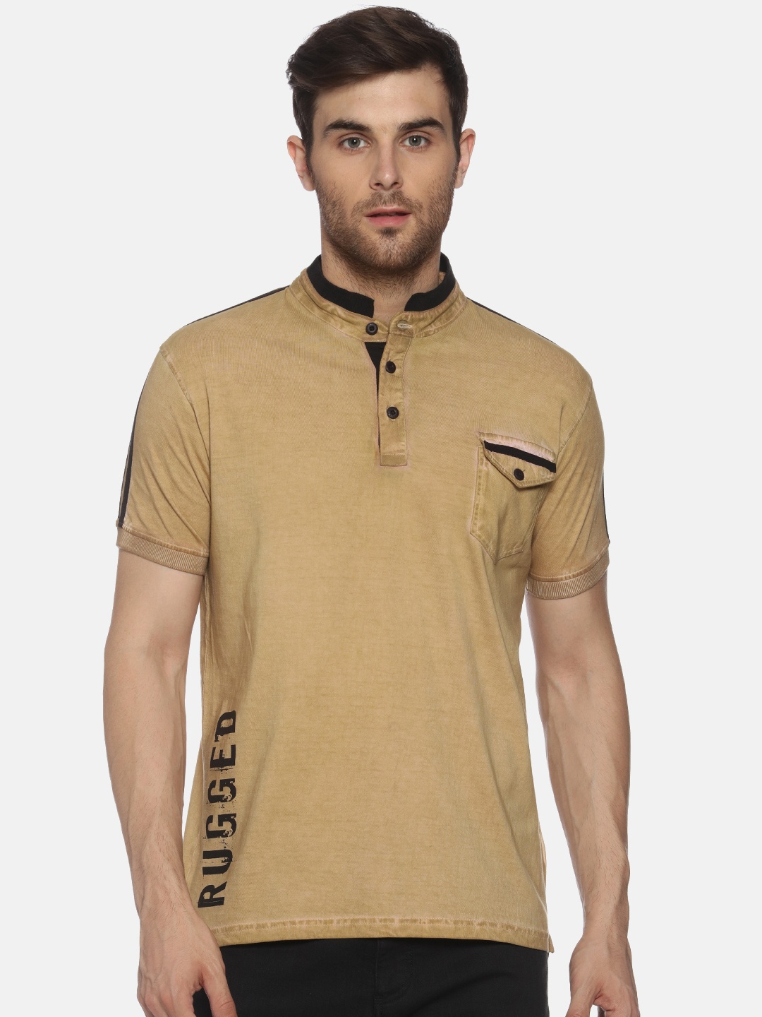 

YAK YAK Men Olive Brown Solid Mandarin Collar T-shirt