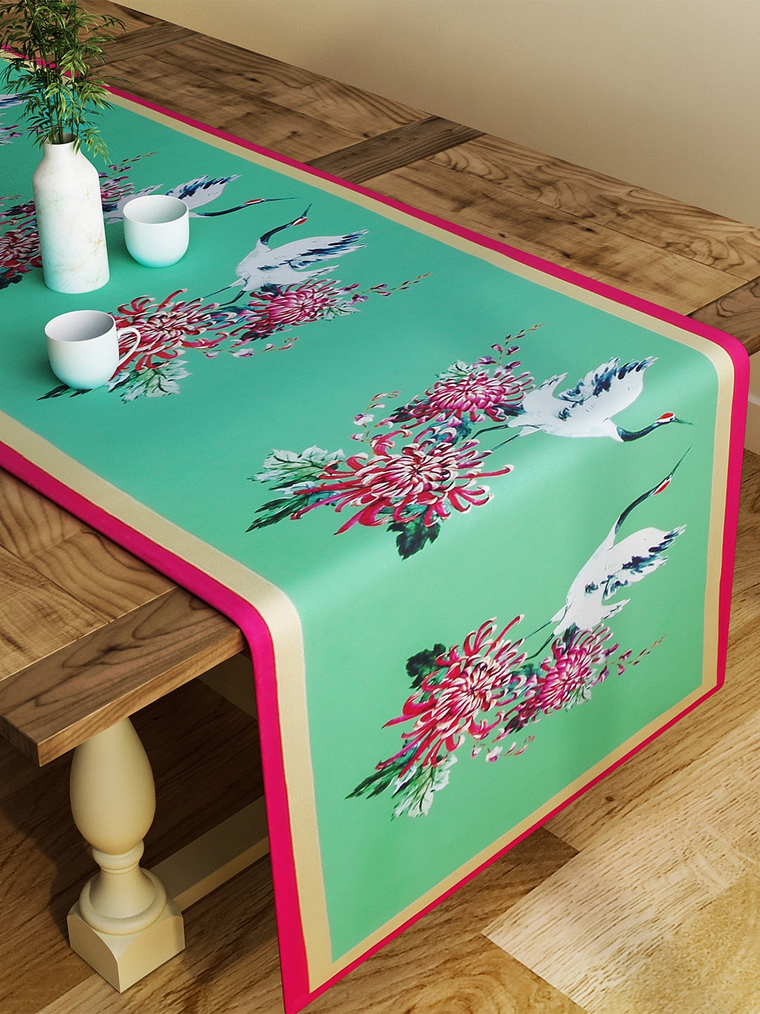 SEJ by Nisha Gupta Green & Pink Printed Table Runner