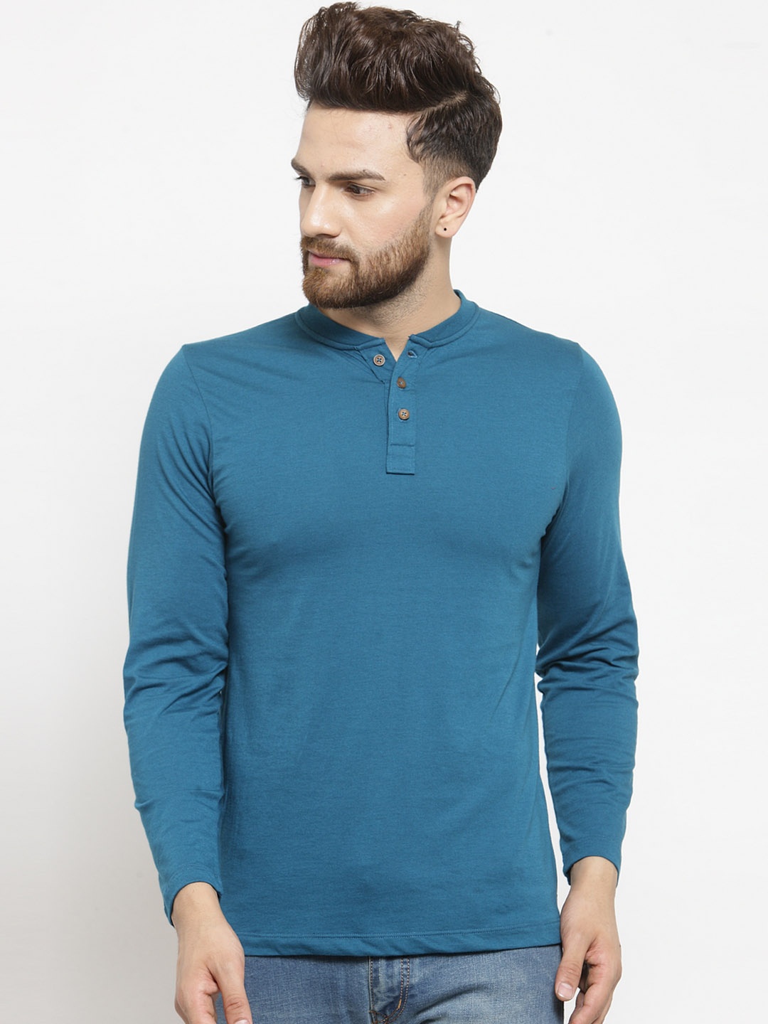 

Kalt Men Teal Blue Solid Mandarin Collar T-shirt