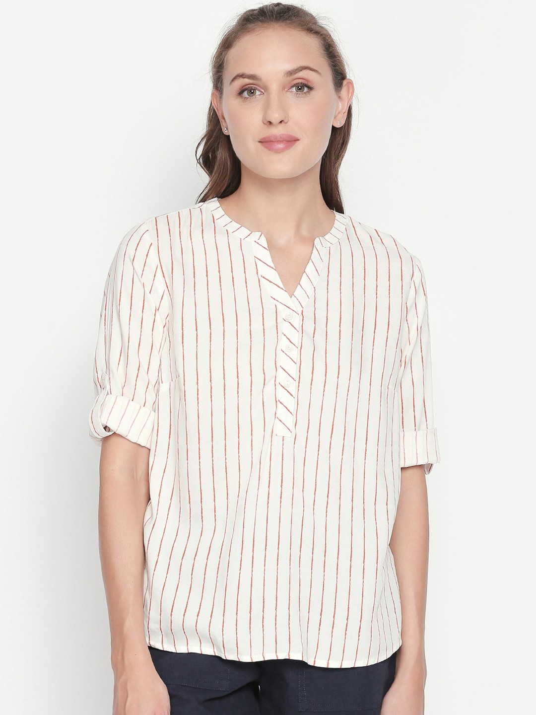 

Honey by Pantaloons Women White Striped Shirt Style Top