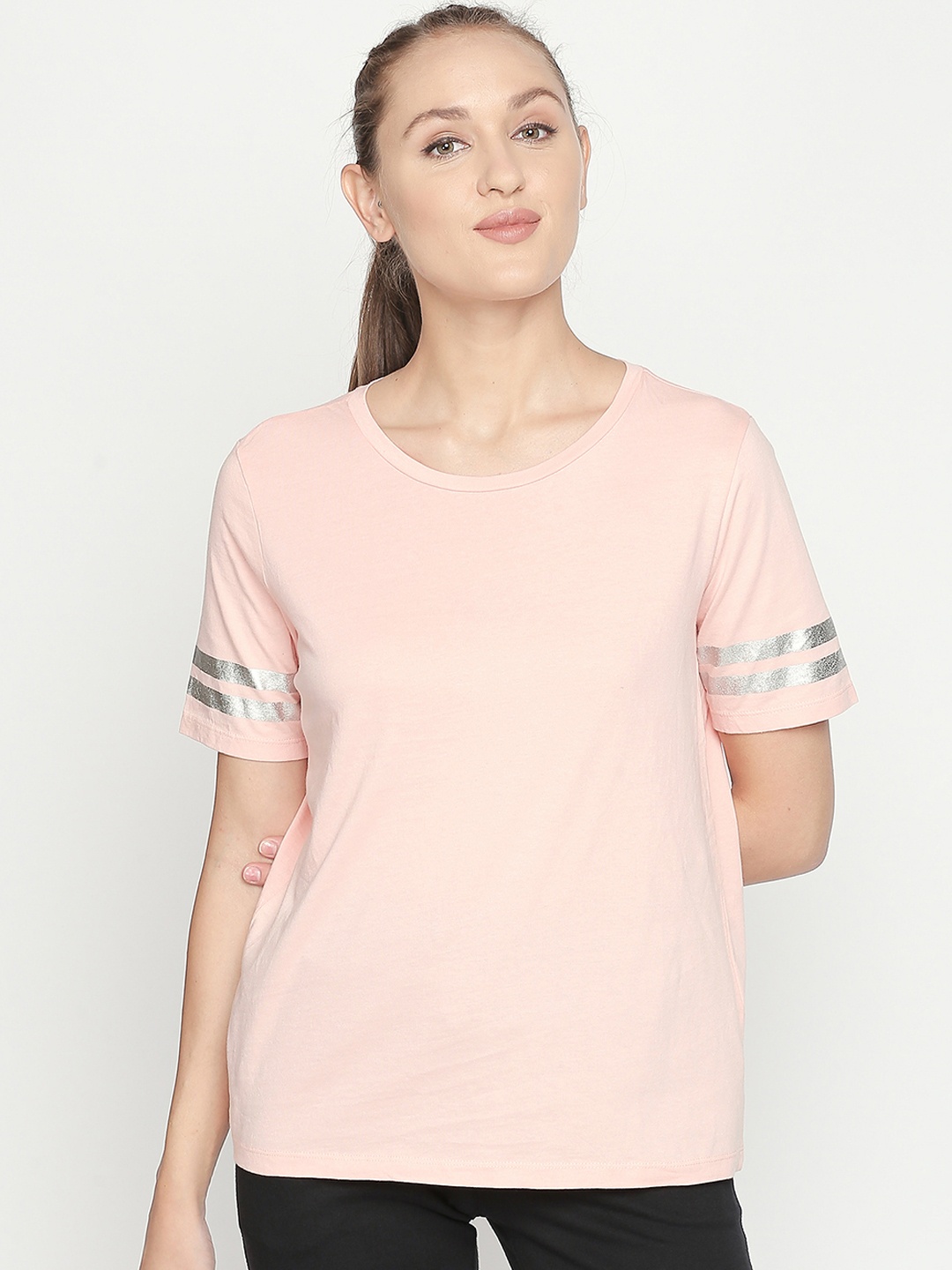 

Ajile by Pantaloons Women Pink Striped Round Neck Pure Cotton T-shirt
