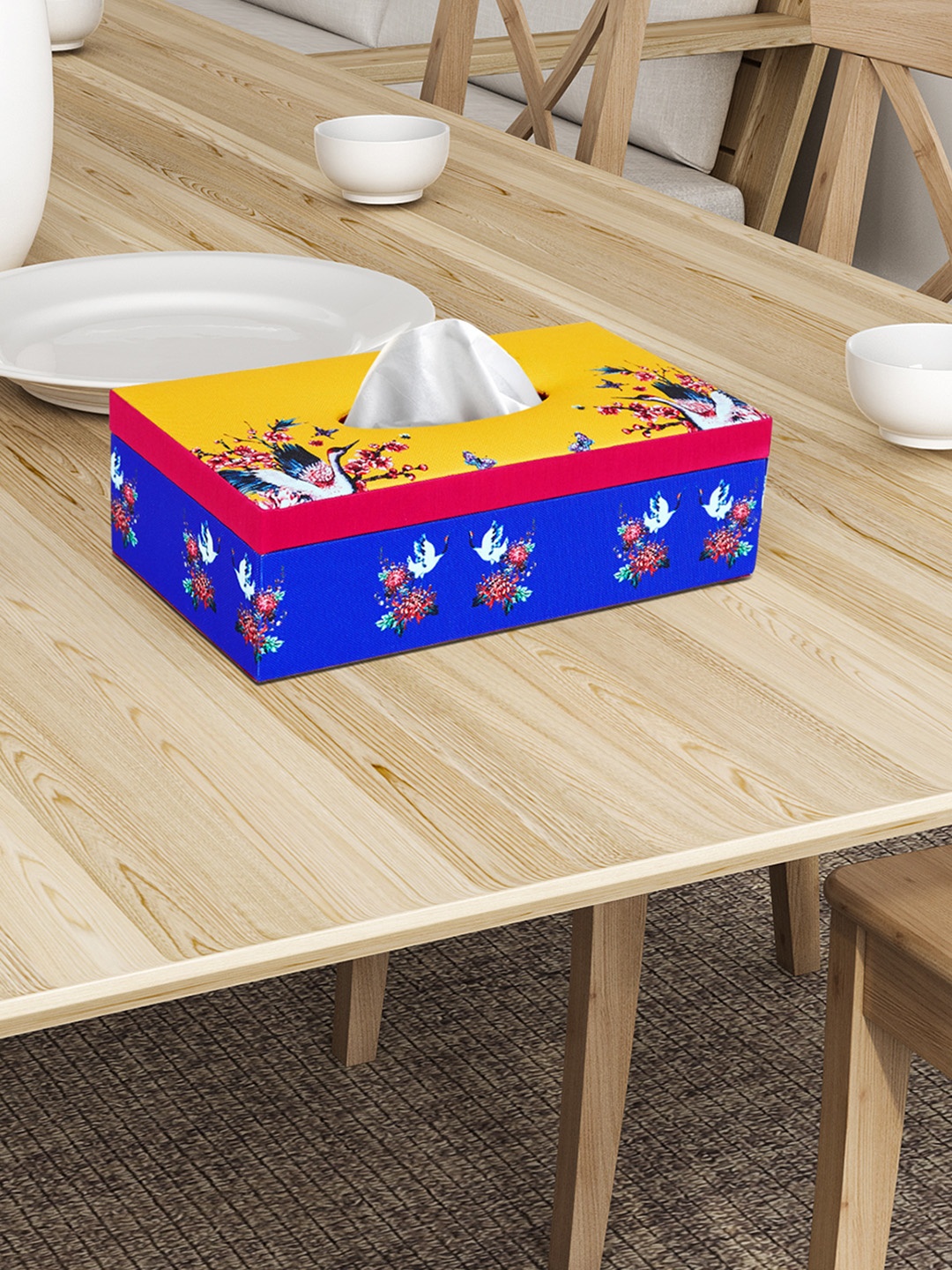 

SEJ by Nisha Gupta Blue & Yellow Printed Tissue Holder
