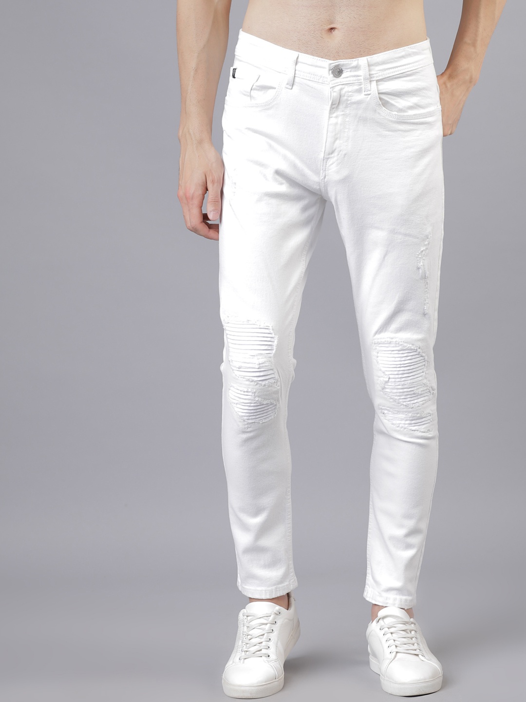 

LOCOMOTIVE Men White Tapered Fit Mid-Rise Mildly Distressed Stretchable Jeans