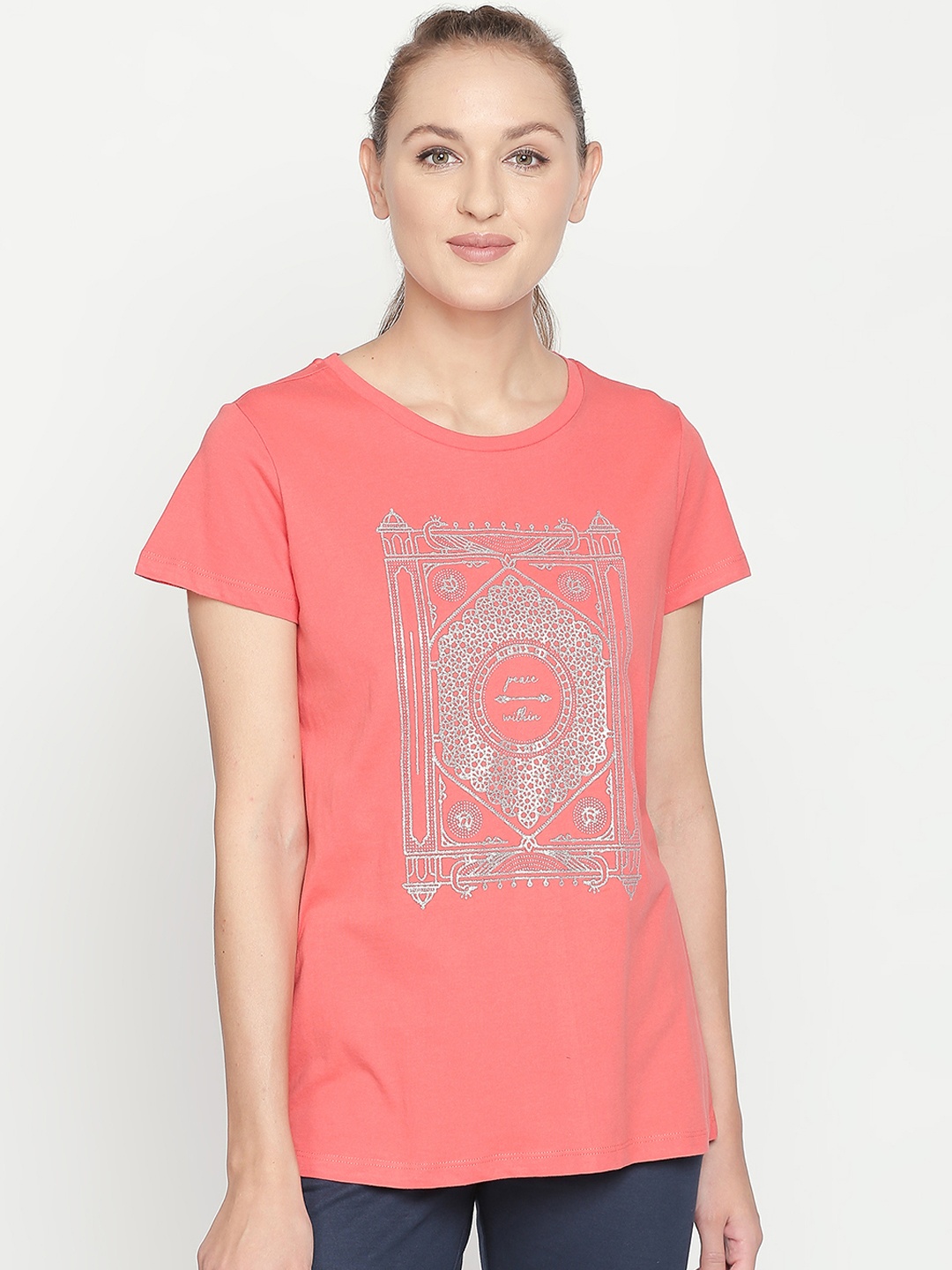 

Ajile by Pantaloons Women Peach-Coloured Printed Round Neck Pure Cotton T-shirt