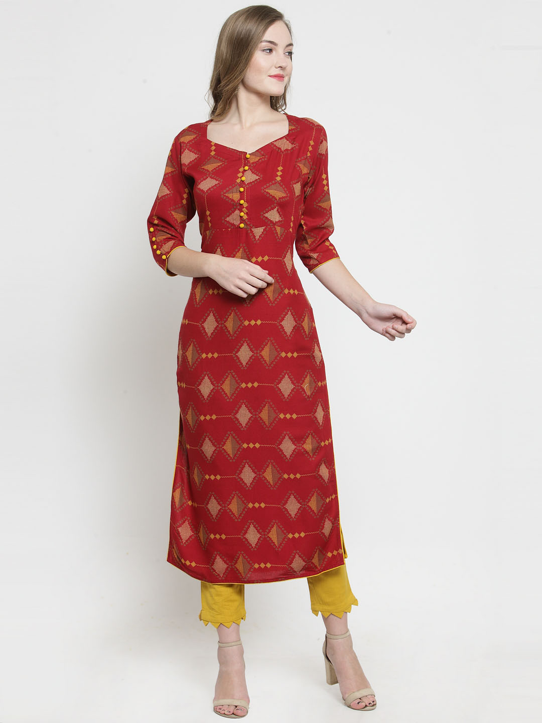 

Indibelle Women Maroon & Yellow Printed Kurta with Trousers