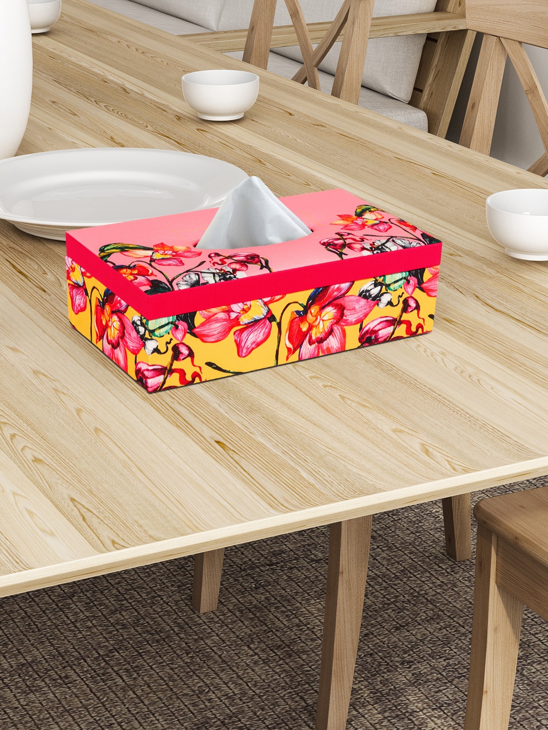 

SEJ by Nisha Gupta Pink Printed Floral Wooden Tissue Holder