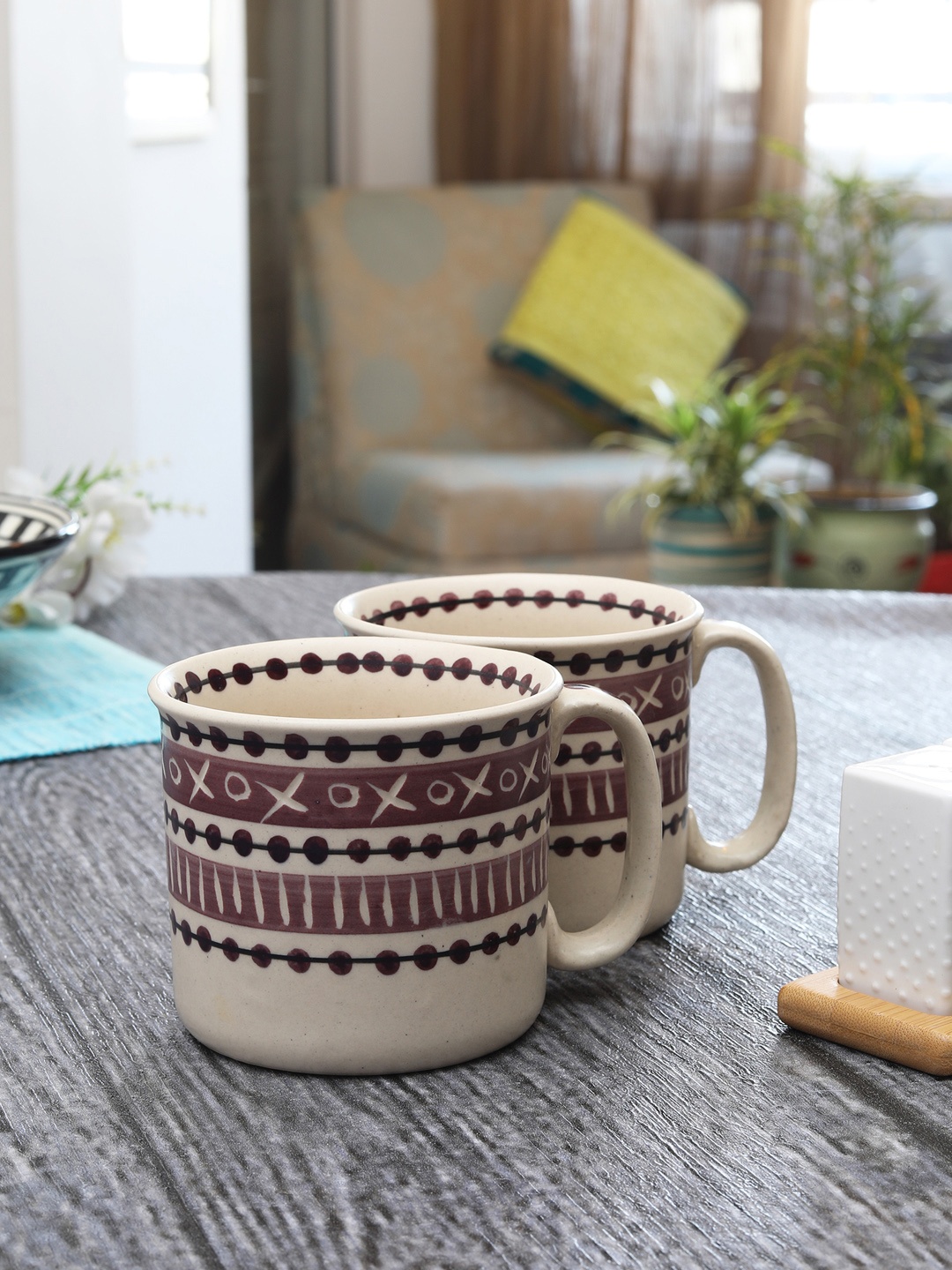 MIAH Decor Beige & Black Set of 2 Handpainted Ceramic Coffee Mugs
