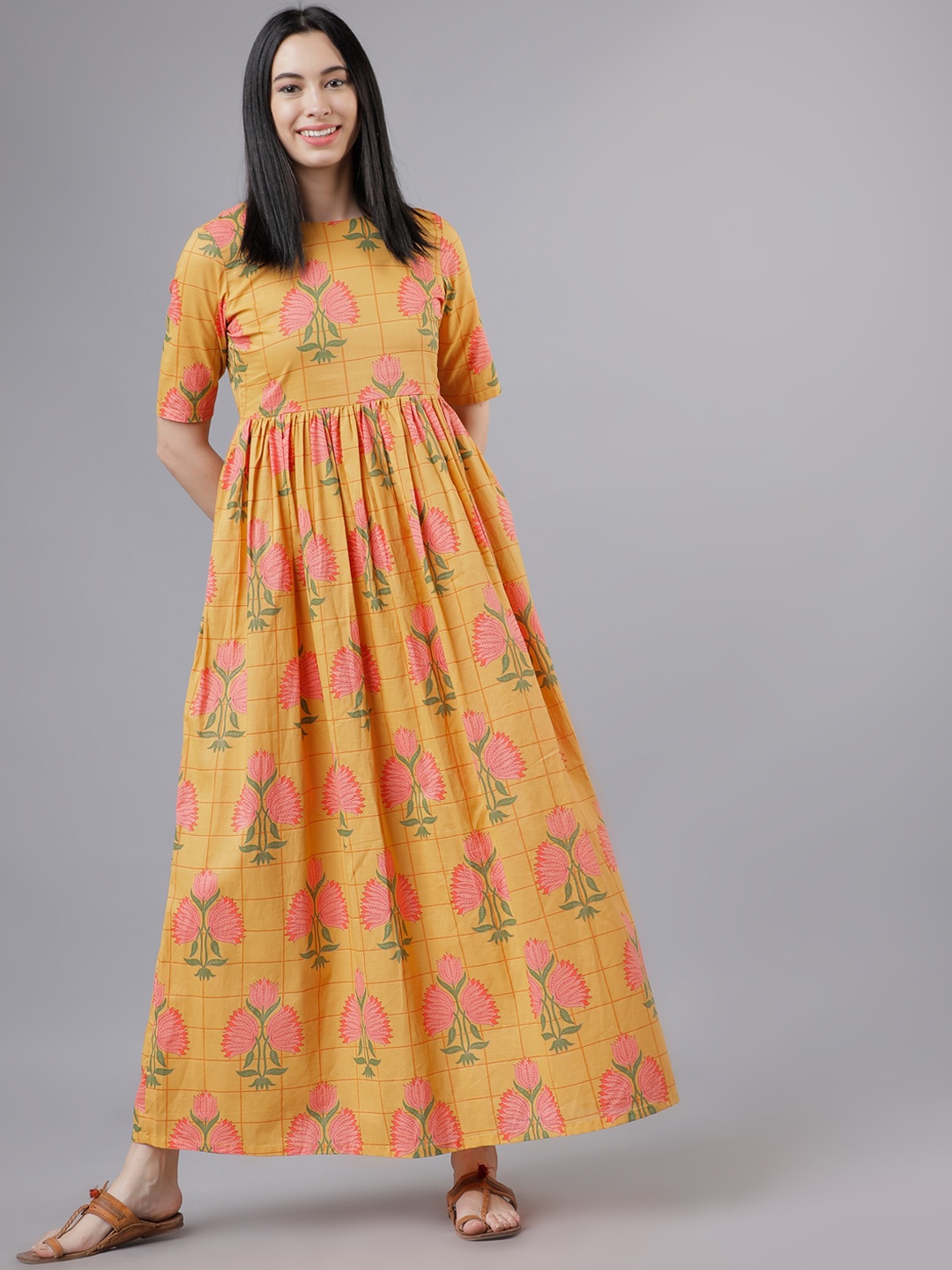 

Vishudh Women Mustard Orange & Pink Floral Print Maxi Dress