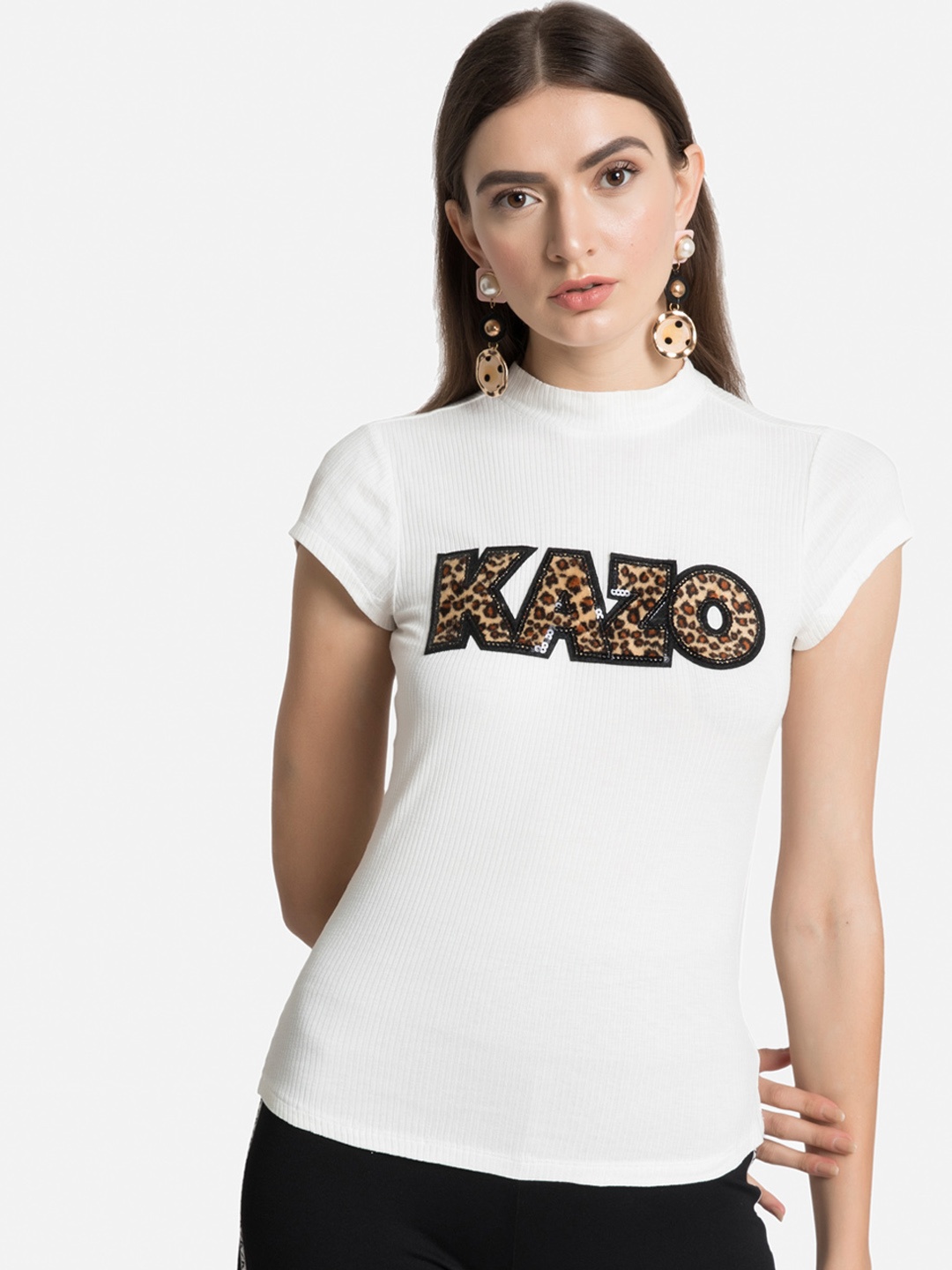 Kazo Women White Printed High Neck T-shirt