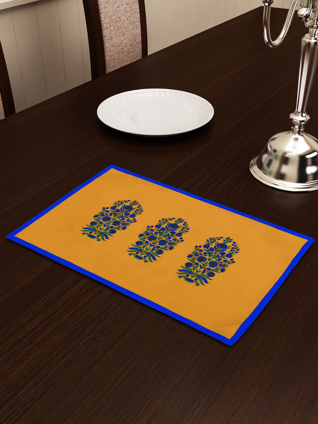 

SEJ by Nisha Gupta Mustard Orange & Blue Printed Table Placemat