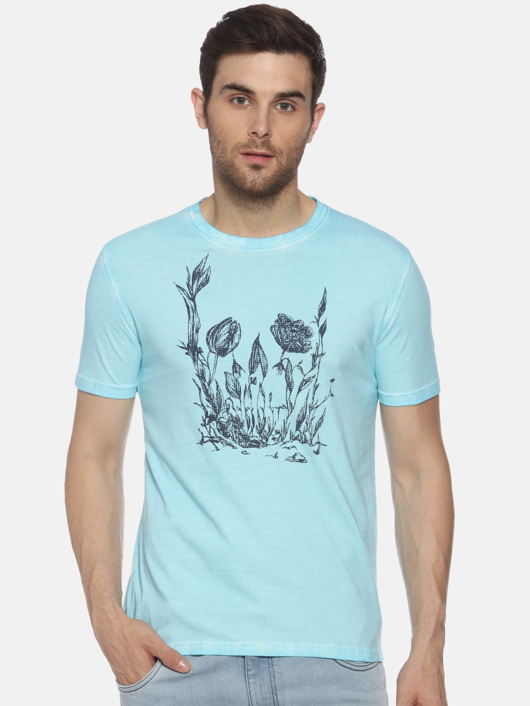 

YAK YAK Men Blue Printed Round Neck Pure Cotton T-shirt
