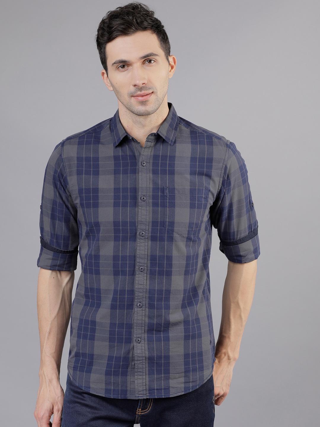 LOCOMOTIVE Men Navy Blue & Grey Slim Fit Checked Casual Shirt