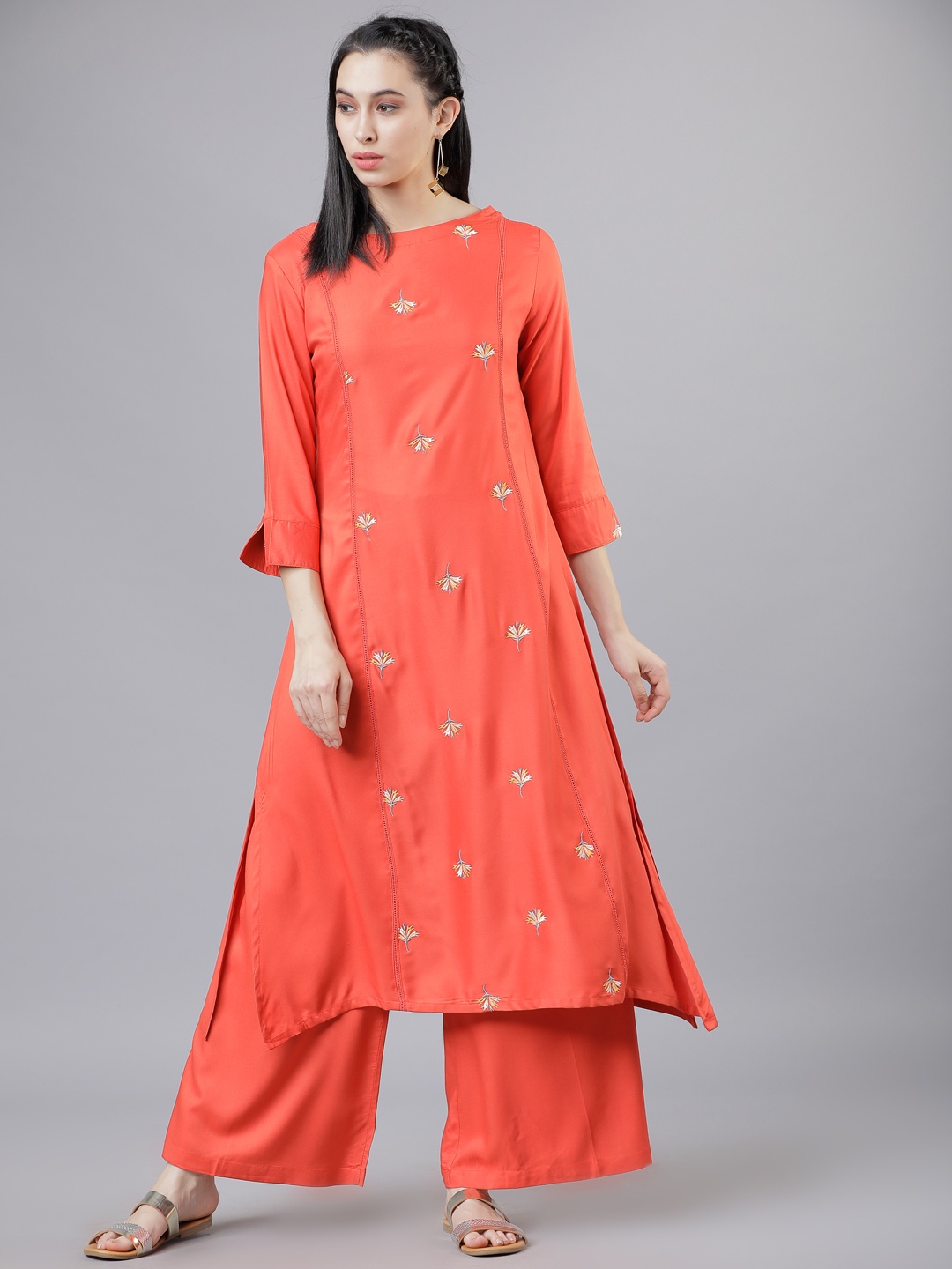

Vishudh Women Coral Embroidered Kurta with Palazzos