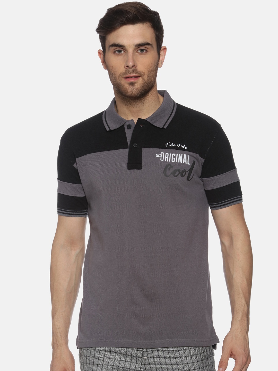

FIDO DIDO Men Grey Colourblocked Polo Collar Pure Cotton T-shirt
