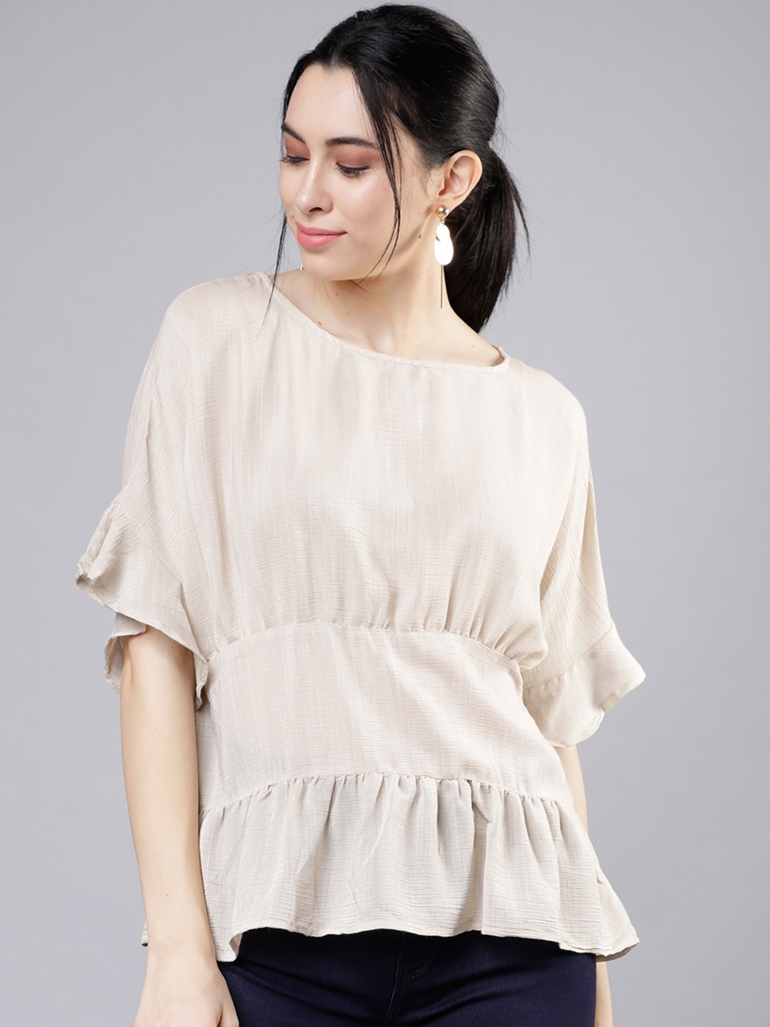 

Tokyo Talkies Women Beige Solid Cinched Waist Pure Cotton Top