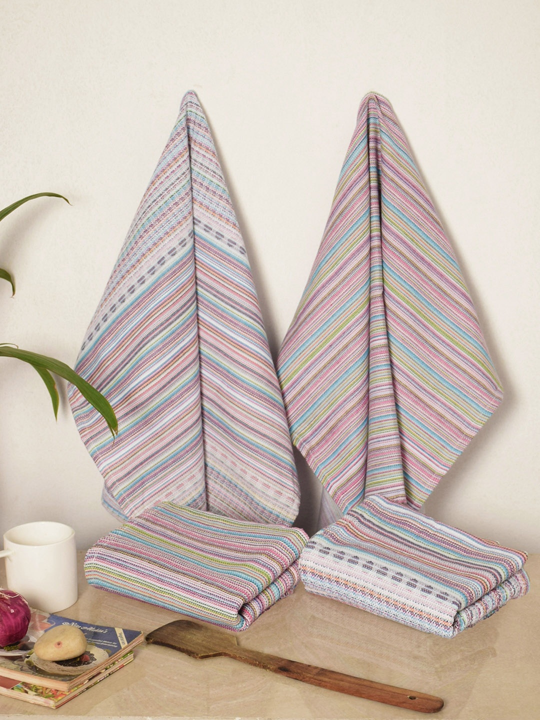 

Avira Home Set of 4 Multicoloured Striped Kitchen Towels, Multi