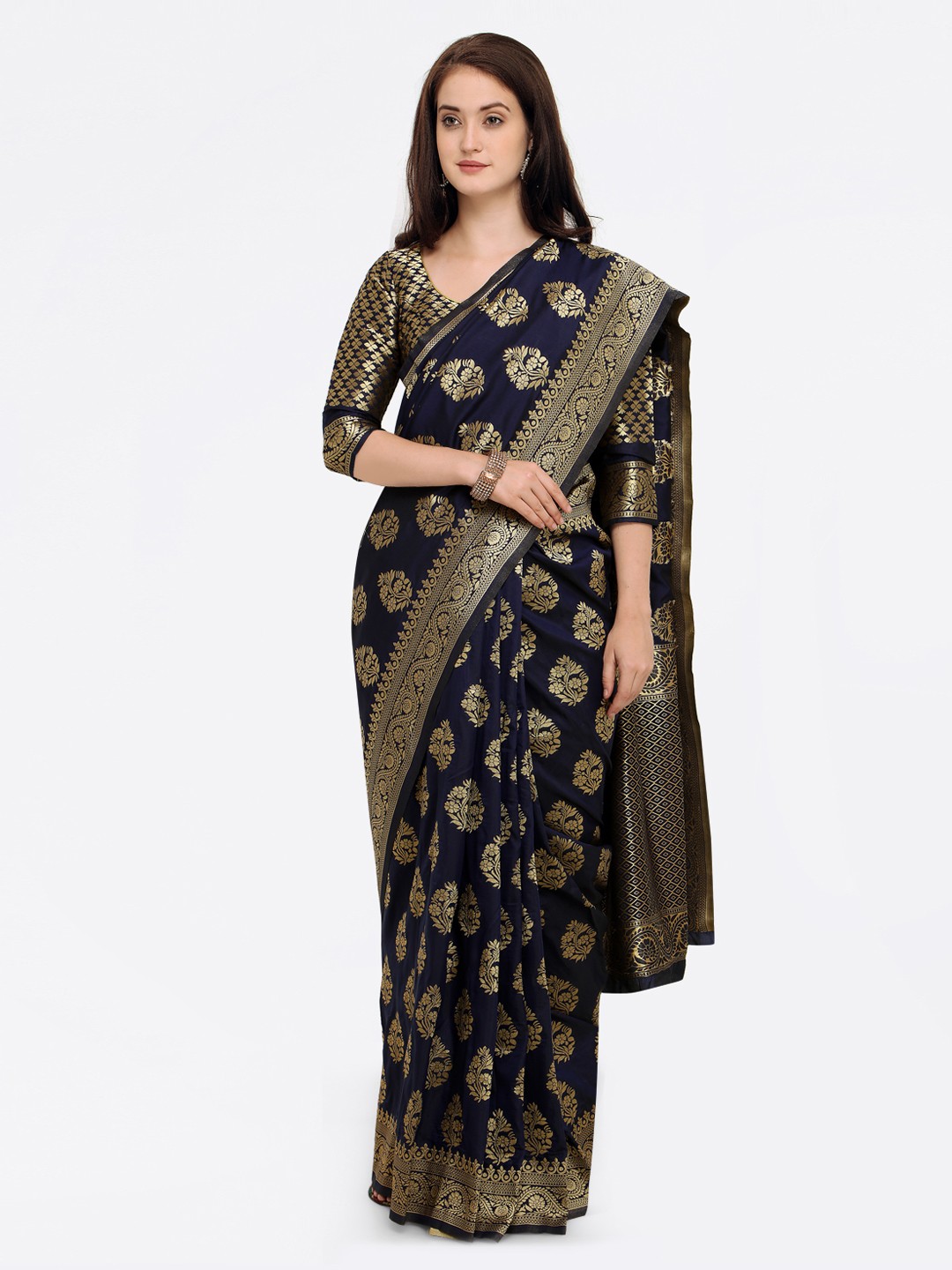 

Shaily Navy Blue Pure Silk Woven Design Banarasi Saree