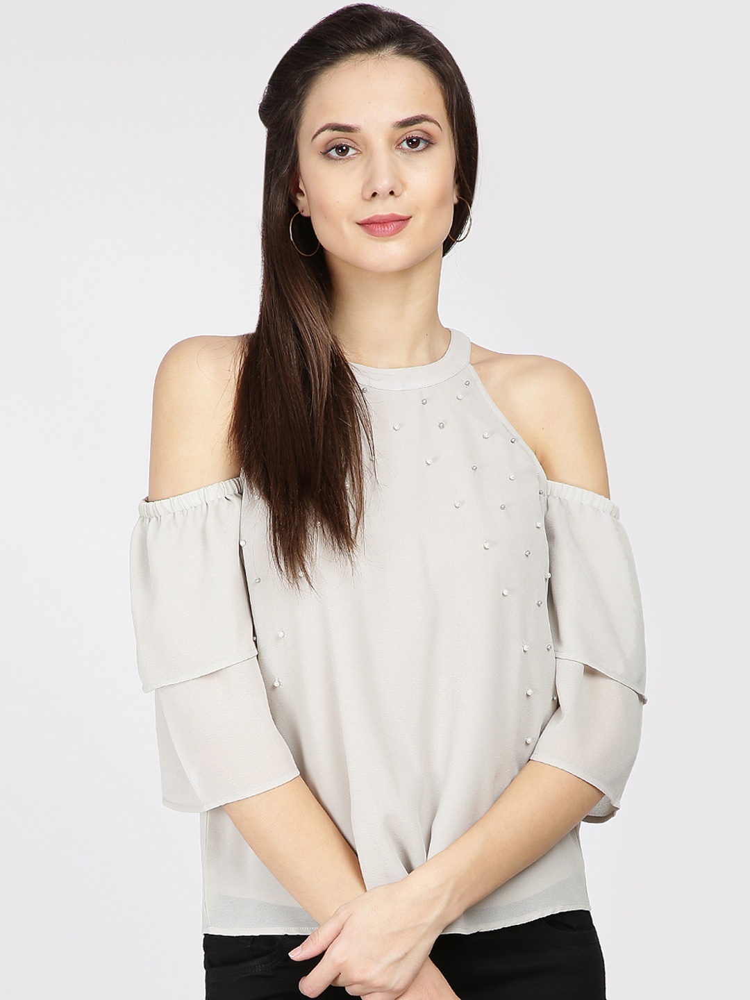 

Gipsy Women Grey Embellished A-Line Cold Shoulder Pure Cotton Top