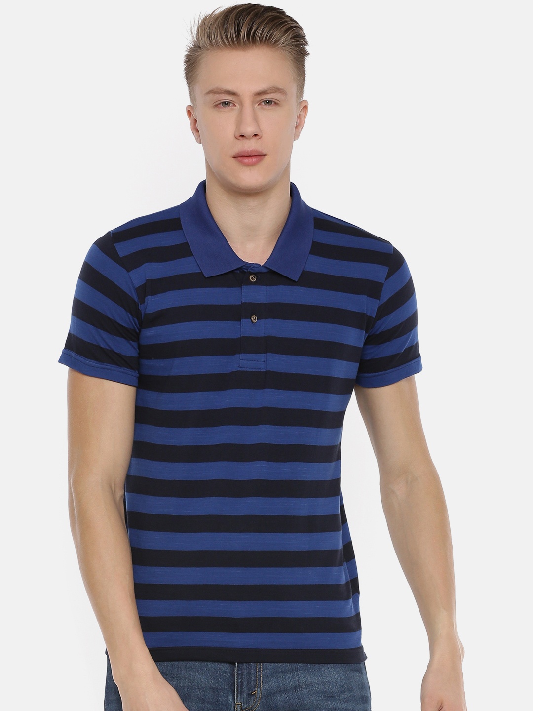 

Kryptic Men Blue Black Striped Polo Collar Pure Cotton T-shirt